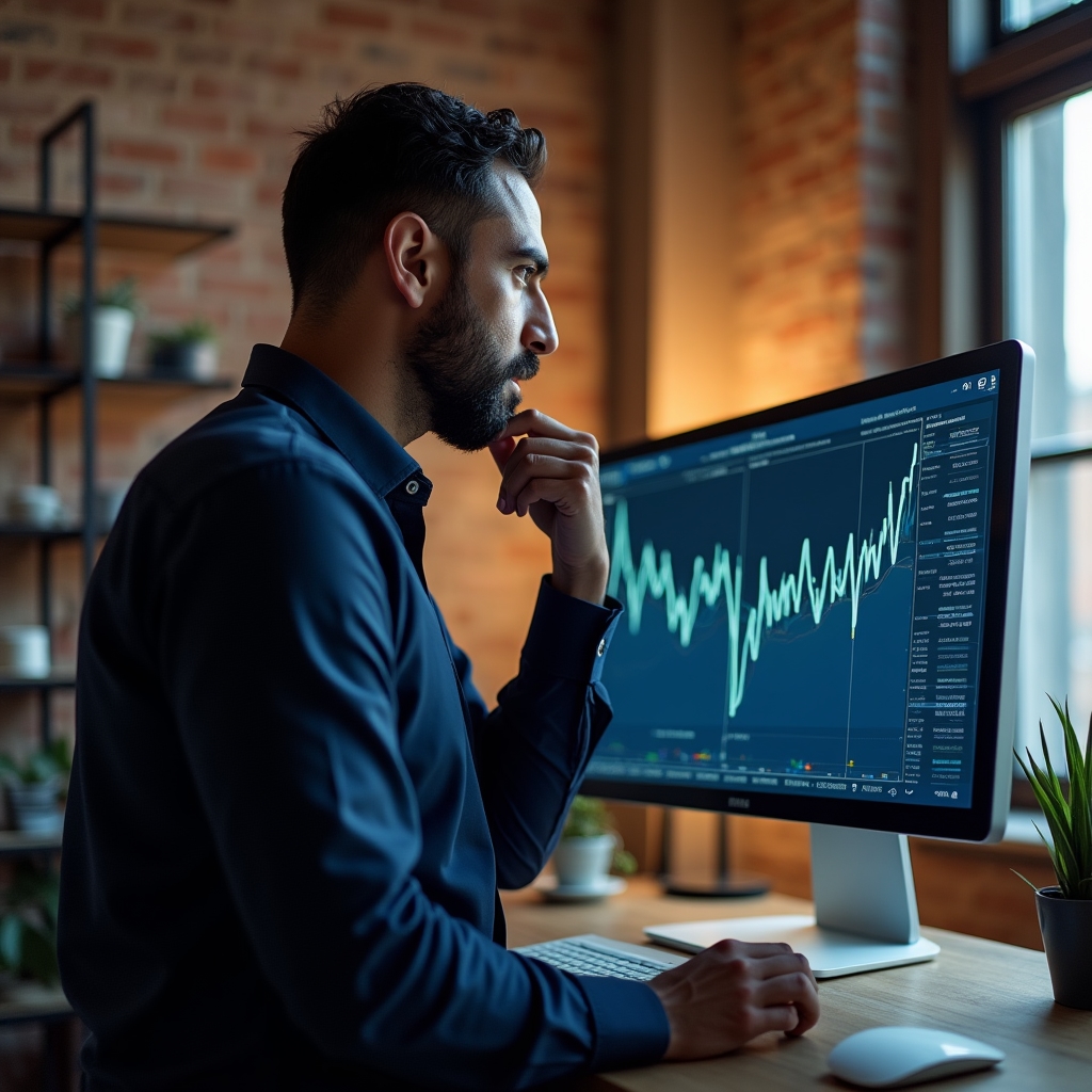 Konzultant analyzuje data o návštěvnosti webu na monitoru v kanceláři